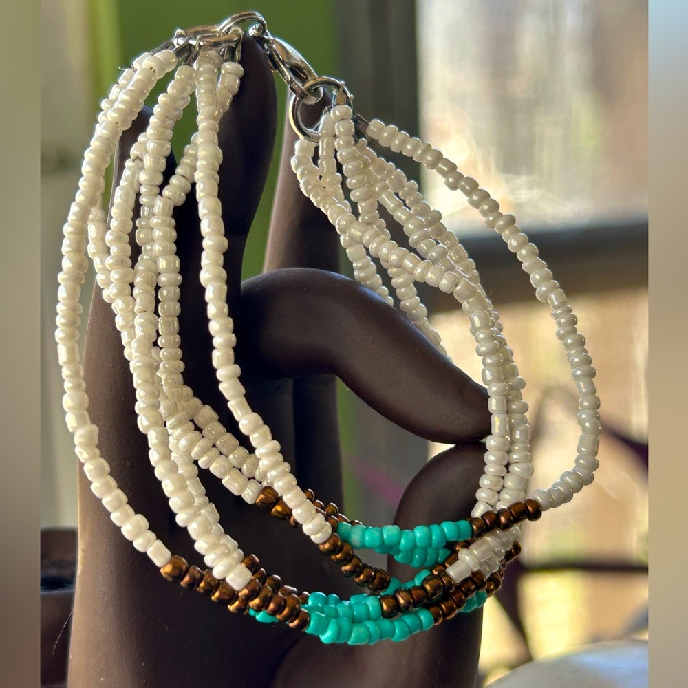 Six Strand Beaded Bracelet of White, Aqua, & Bronze, Lobster Clasp